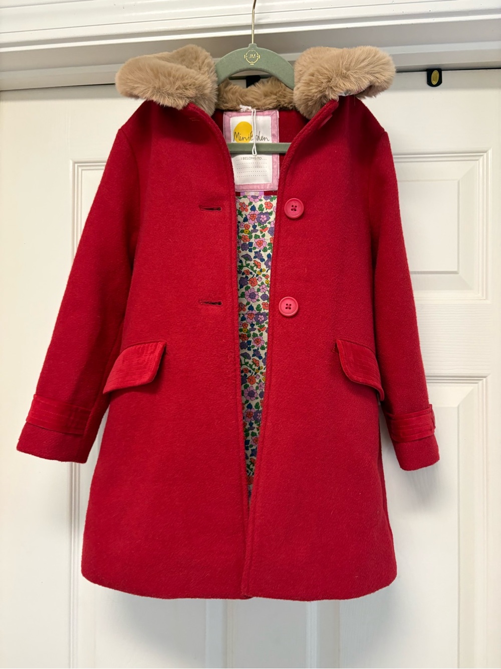 Mini Boden Girl’s Red Wool Blend Peacoat Faux Fur Trim Size 4/5 Floral Lining